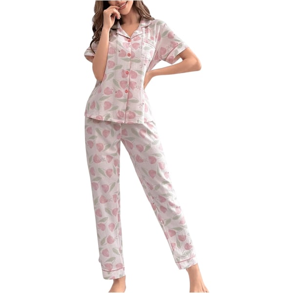 dusa Dam 2-delad tryckt pyjamas set sovkläder knapp upp skjorta med byxor rosa vit stor