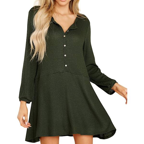 ivimos Dam Fall Bomull Långärmad Casual Knäppning Stickad Swing Flare Mini Tunika Klänning Armygreen Large
