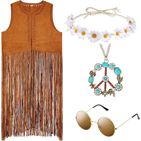ieces Dam Hippie Kostym Set Frans Väst Faux Mocka Tassels Väst Bohemia Pannband för Halloween Klänning Cosplay  X-Large