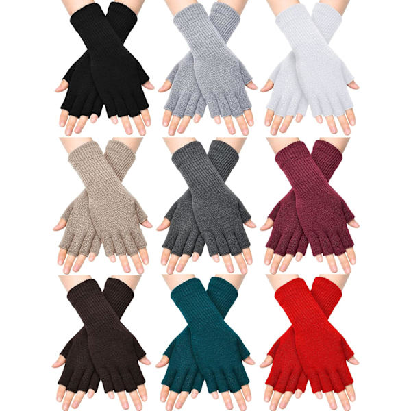 INIOR Fingerless Handskar för Kvinnor Halv Finger Skrivhandskar med Lång Handledsmanschett Vinter Stickade Fingerlösa Vantar för Kvinnor Blandade Färger 9