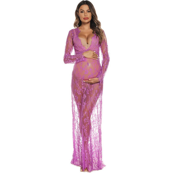 YOU Maternityklänning för fotografering Baby Shower Lång klänning Lingerie Blomspets Nattlinne Oversize Bikini Cover Up Ljuslila XX-Large