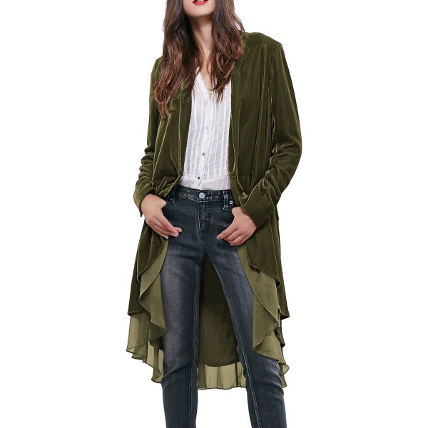 ivimos Dam Ruffled Asymmetrisk Lång Sammet Blazers Rock Casual Jackor Armégrön Stor