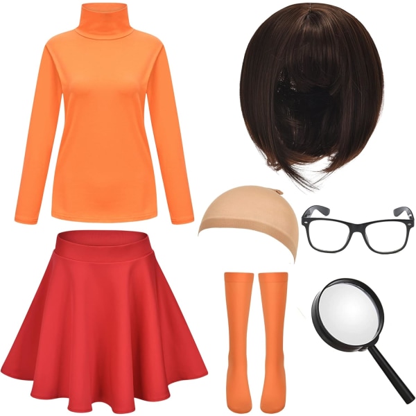 RT Halloween Deluxe vuxenkostym för kvinnor, brun bob peruk, polotröja, skaterkjol, förstoringsglas, strumpor och glasögon orange XX-Large