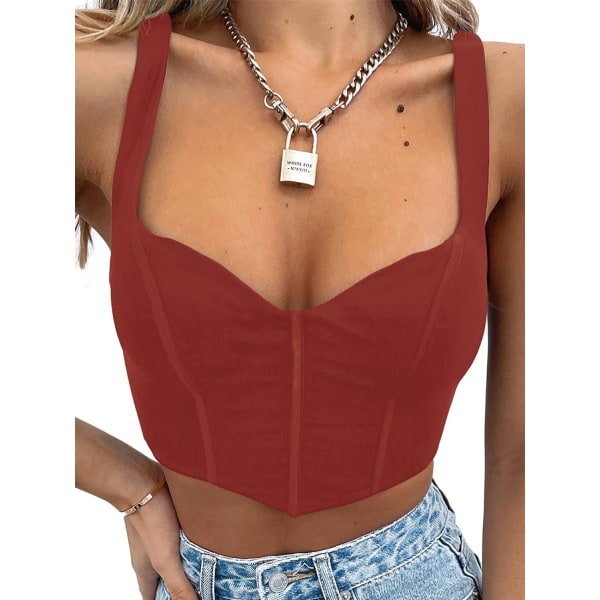 en Crop Tank Top Sexig fyrkantig V-ringning Dubbelfodrad Ruched Korsett Söt Beskuren Ärmlös Cami Sommar Outfit Utekväll Topp 01-cabernet Röd X-Large