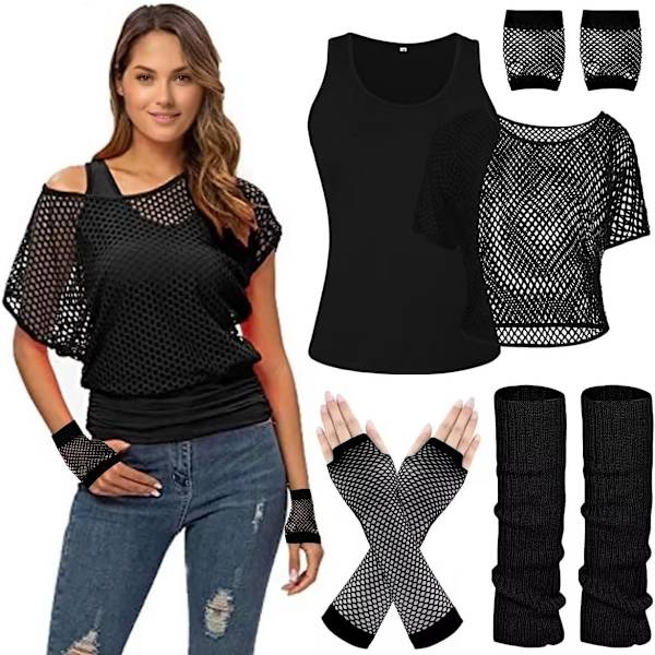 DPARTY Dam Casual Sexy 80-tals Kostymer Fishnet Neon Off Shoulder T-Shirt Två Delar, Fishnet Handskar, Benvärmare Svart Medium
