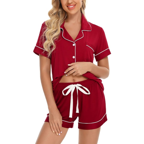 ng Dam Button Down Pyjamas Set V-hals Kortärmad Nattkläder Mjuk Pj Set S-XXL, A Style Byxor Inga A Style Byxor Inga Ficka-vinröd X-Large