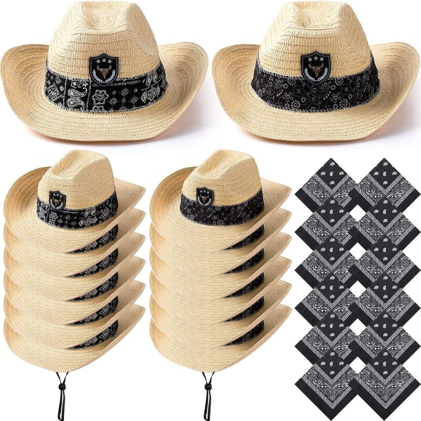 12 Set Halm Cowboyhattar med Bandanas Party Pack Cowboyhatt Kostym Bandanas för Huvud Western Party Cowboy Tillbehör