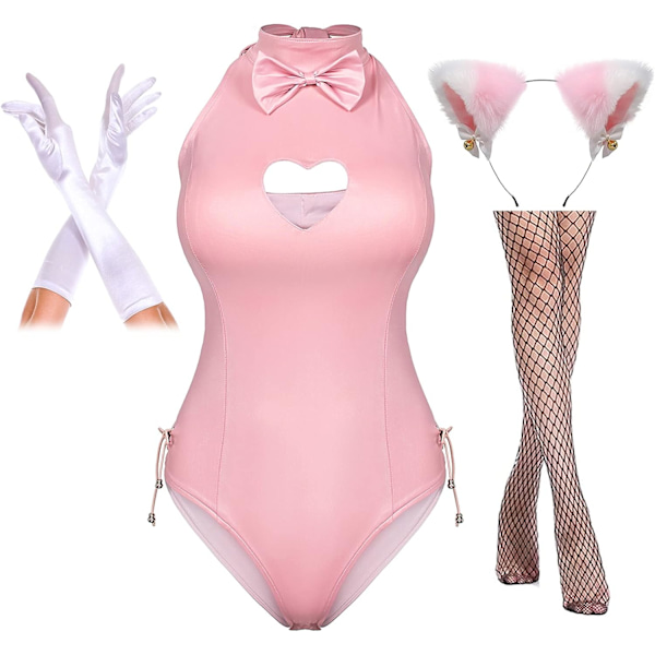ens Button Crotch Romper Onesie Bodysuit Cosplay Kostym Päls Katt Öra Handskar Strumpor Set Rosa 4X-Large
