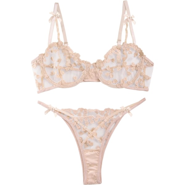 osy Sexig bygel söt genomskinlig Kawaii strumpeband bälte underkläder set behå och trosor 3 delar rosett beige medium