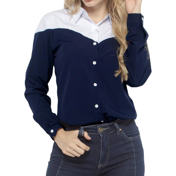 ch Randigt tryck för kvinnor med långärmade skjortor Blusar #2042 2043 Marinblå X-Large