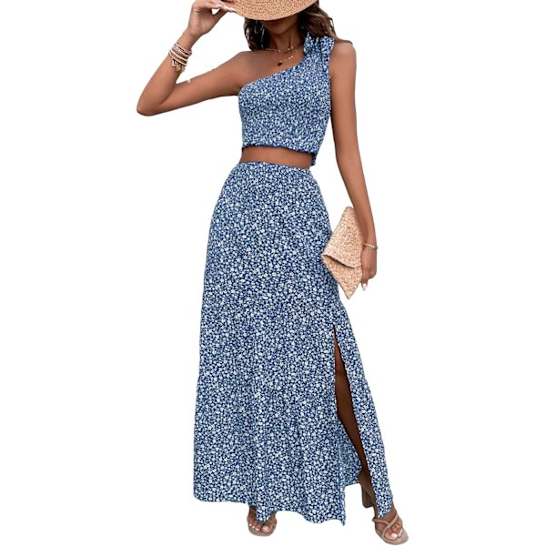 dusa Dam 2-delat set Blommig Tie Shoulder Crop Top och Split Maxi Kjolar Set Blå X-Large