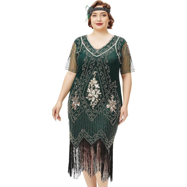 EYOND Plus Size 1920-tal Art Deco fransad paljettklänning Flapper Gatsby kostymklänning för kvinnor Mörkgrön 3X-Large Plus