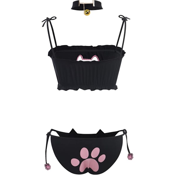 ens Söt Kawaii Anime Katt Kattunge Lingerie Set Micro Bikini Strappy Tiny BH Mini Trosa Extrem Baddräkt Svart-03 En Storlek