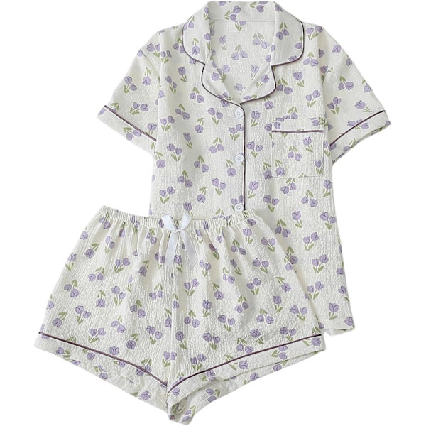 dusa Dam 2-delad tryckt loungewear pyjamas set nattkläder knapp upp skjorta med shorts beige lila medium