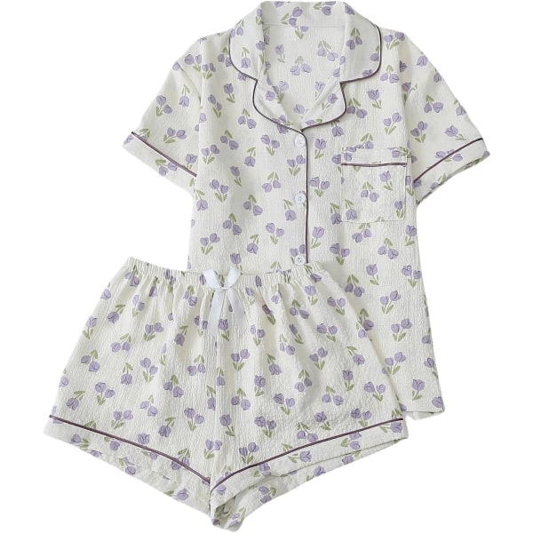 dusa Dam 2-delad tryckt loungewear pyjamas set nattkläder knappuppskjorta med shorts beige lila liten
