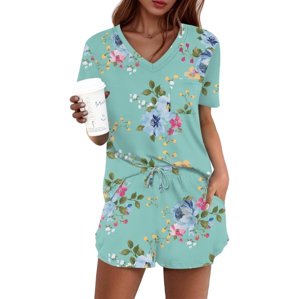 MOON Damkläder Pyjamas Set 2 Delar Lounge Set Söt Kort Pyjamas Med Ficka Sovkläder Grön Blommig Stor