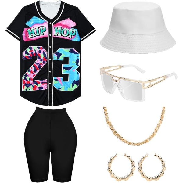 DPARTY 80-tal 90-tals outfit för kvinnor, unisex hiphopdräkt basebolltröja Yogabyxor Rapper Accessoarer Svart skjorta Bla Medium