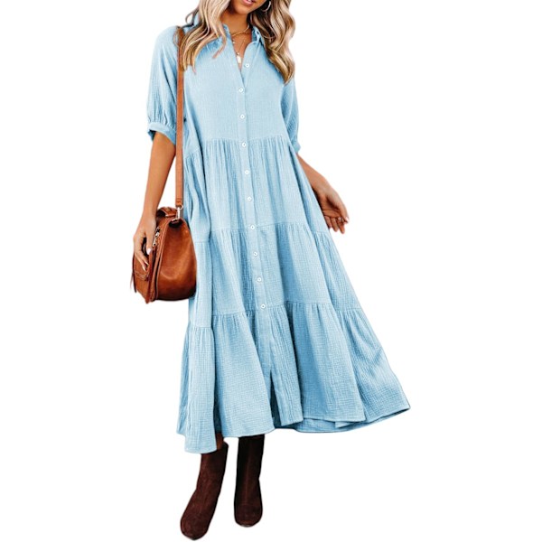 ivimos Dam Sommar Bomull Halv Ärmar Knapp Ned Casual Lös Slit Midi Klänning med Ficka Skyblue Medium