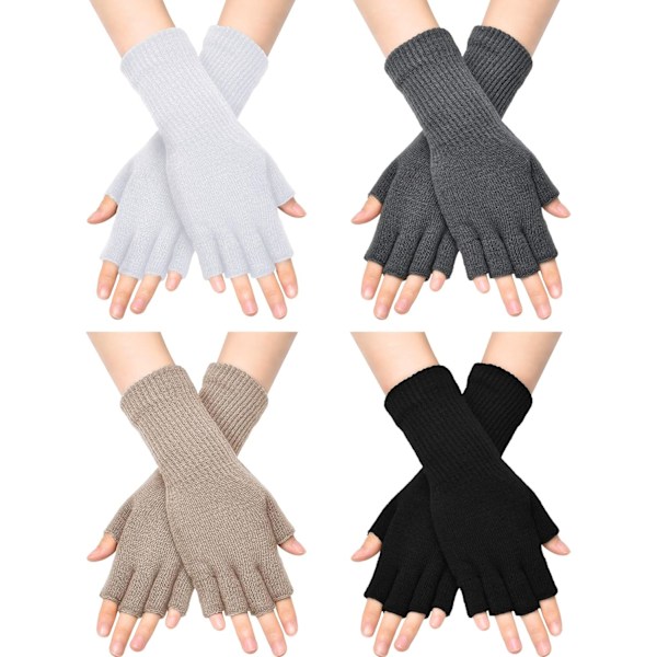 INIOR Fingerless Handskar för Kvinnor Halv Finger Skrivhandskar med Lång Handledsmanschett Vinter Stickade Fingerless Vantar för Kvinnor Svart, Vit, D 4