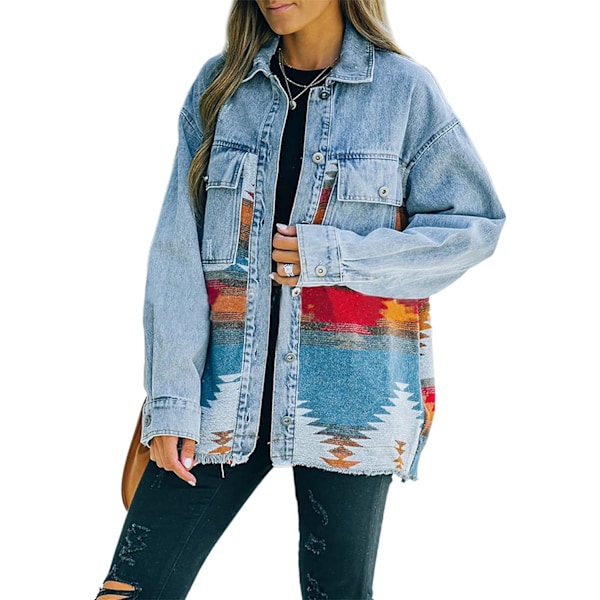 arer Damjacka i Denim med Aztekisk Krage, Långärmad Vintage Knäppt Denimjacka