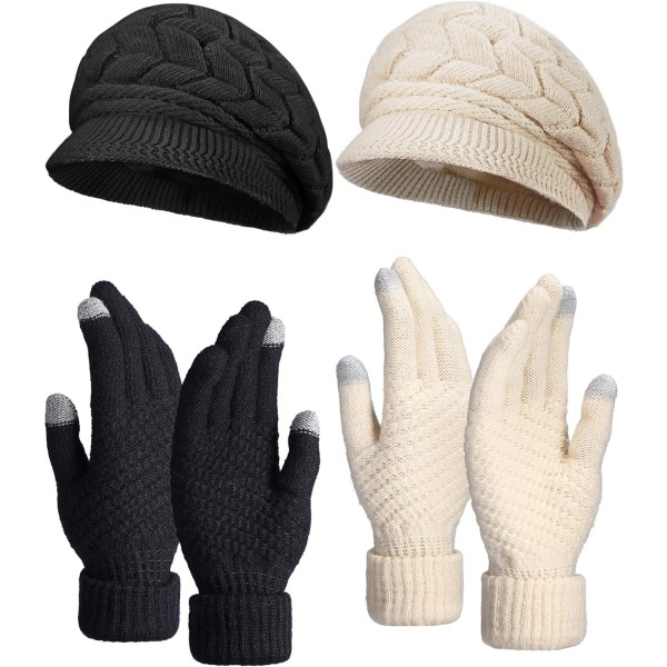 ieces Dam vintermössa och handskset, varm stickad mössa handskar snö skidmössa med visir och pekskärmshandskar svart, beige