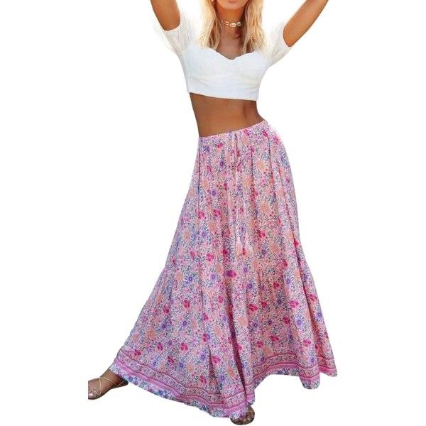 ivimos Dam Sommar Bomull Vintage Blommig Tryck Boho Casual Volang Flytande Maxikjol Rosa Stor