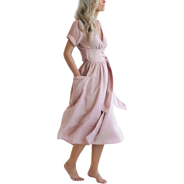 ual Bomull Linne Omslagsklänningar för Kvinnor Sommar med Ficka Rosa 3X-Large