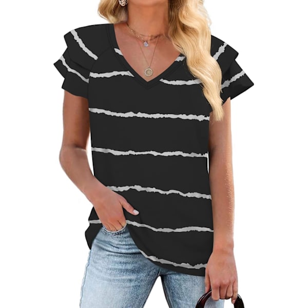 MOON Damkläder Casual Toppar Sommar Volang Korta Ärmar Tunika V-Ringning Lös Passform Flytande T-shirts Randig Svart Medium