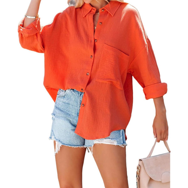 ivimos Dam höst bomull långärmad oversized lös casual knapp ner skjortor blusar med ficka orange medium