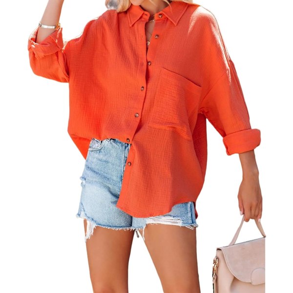 ivimos Damer höst bomull långärmad Oversized Lös Casual Button Down skjortor Blusar med ficka Orange Large