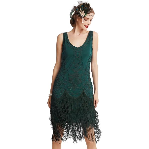 EYOND 1920-tals Flapper Dress Roaring 20-tal Great Gatsby Costume Dress Fringed Utsmyckad Klänning Grön X-Large
