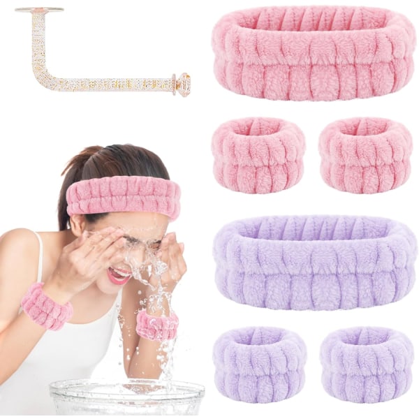 ETIA Face Wash Pannband och armband Set med 2, Handdukar för att tvätta ansiktet med hållare Mikrofiberarmband för Wash Pink och Lila