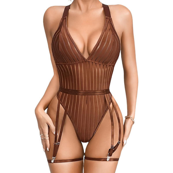 i&Shi Sexig Ribbad Topp, Djup V-ringning, Knäppning i Grenen, Benrem, Rygglös 3-delad Body Coffee 0-2