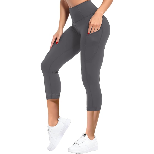 ch Dam High Waisted Active Yoga byxor med fickor Tummy Control Workout Buttery Soft Leggings Capris Grå X-Small