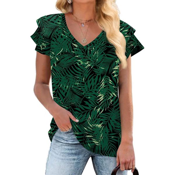 MOON Damkläder Casual Toppar Sommar Volang Korta Ärmar Tunika V-Ringning Lös Passform Flytande T-shirts Grönt Blad Svart X-Large
