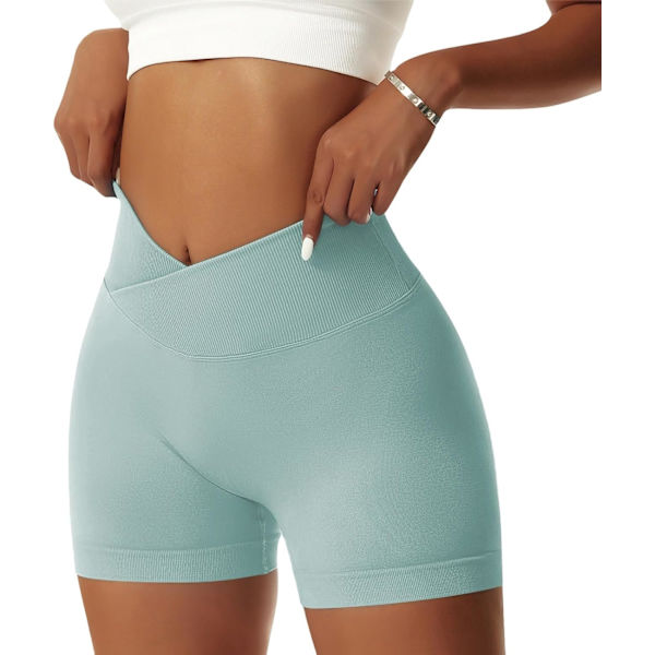 ie Dam Gym Shorts V Cross Elastisk Push Up Yoga Shorts Booty Scrunch Hög Midja Atletiska Leggings Eggshell Blau X-Small