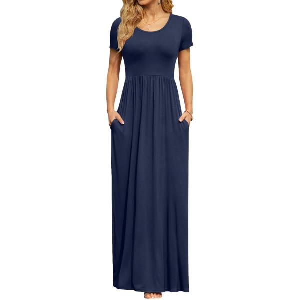 MOON kortärmade maxiklänningar för kvinnor Casual Empire Midja lång klänning med fickor Marinblå X-Large