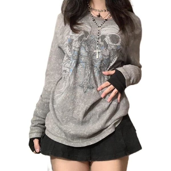 Grunge långärmad tröja Vintage grafisk tryckad crop top Fairycore Grunge t-shirts toppar 90-tal E-tjej streetwear