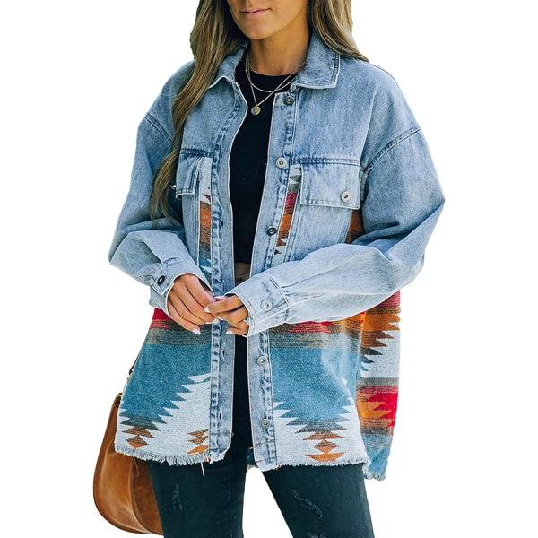 ythe Dam Aztec Shacket Jacka Lapel Long Sleeve Retro Jean Coat Oversized Western Denim Jacka Blue Large