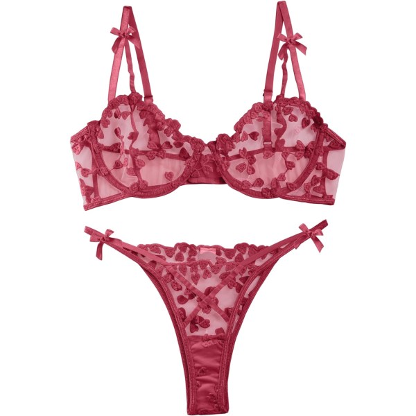 osy Sexig bygel Söt Sheer Kawaii Strumpeband Bälte Underkläder Set BH och trosa 3-delad rosett Burgundy Re X-Small