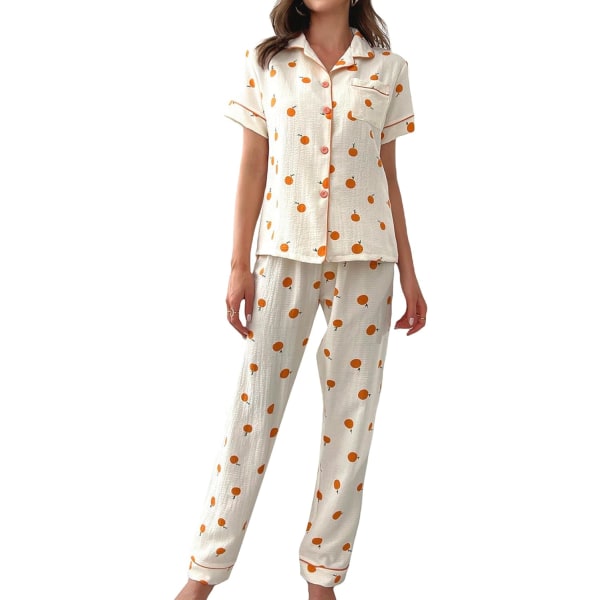 dusa Dam 2-delad tryckt pyjamas set sovkläder knapp upp skjorta med byxor orange beige small