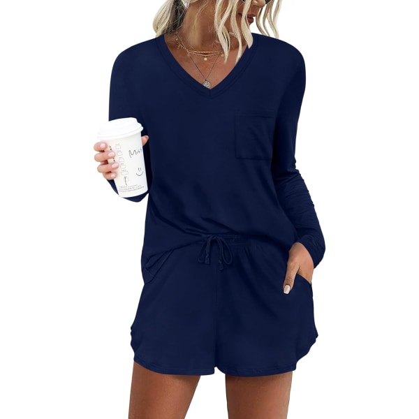 MOON Långärmad set för kvinnor 2 delar söta korta pyjamasset med fickor Sleep Wear Marinblå X-Large