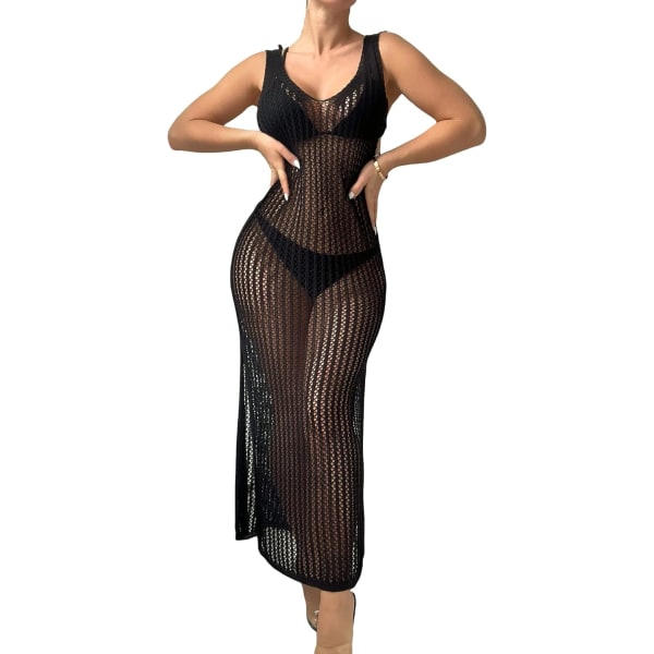 dusa Damkläder Virkade Cover Ups Ihålig Bikini Badkläder Split Lång Strandklänning Svart X-Large