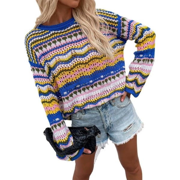ivimos Dam höst vinter långärmad randig ihålig tröja pullover casual lös stickad tröja topp multi-blå stor