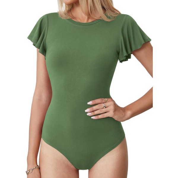 LASI Body med rund hals för kvinnor Volang Kortärmad Slim Fit Casual Basic Stretchig Body Suit Daily Jumpsuit T-shirts 03 Army Green Small