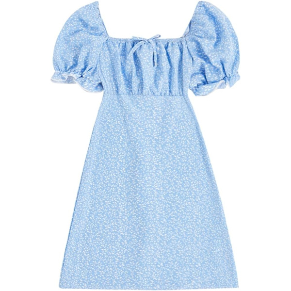 dusa Flickas Blommönster Puffärm Kvadrat Hals Shirred Swing A Linje Klänning Ljusblå 9 År