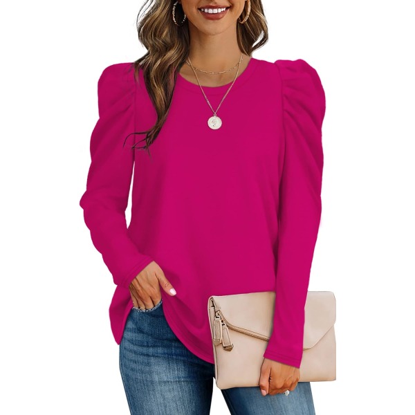 EFAN Tunikatröjor för damer Puffärmar Långärmade skjortor med rund hals Enfärgade 15-hot Pink X-Large