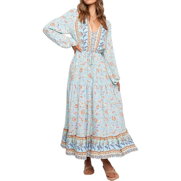 ivimos Dam långärmad bomull V-ringning knapp upp blommig tryck Boho flytande midiklänningar blå medium