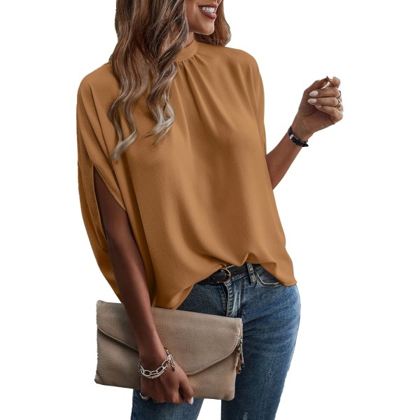 dusa Kvinnors Casual Tie Back Dolman Sleeve Mock Neck Blus Topp Brun Liten