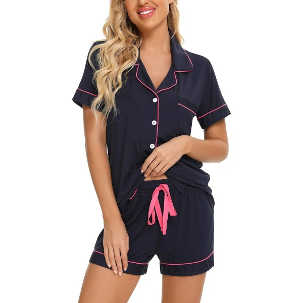 ng Dam Button Down Pyjamas Set V-hals Kortärmad Nattkläder Mjuk Pj Set S-XXL, A Style Byxor Inga A Style Byxor Inga Ficka-marinblå Liten